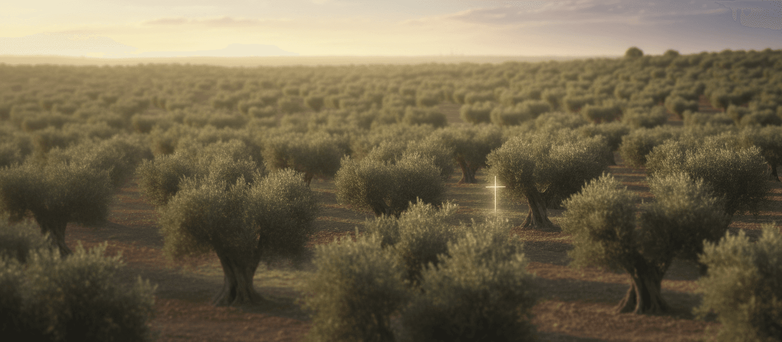 Rows of olive trees receding into evening light