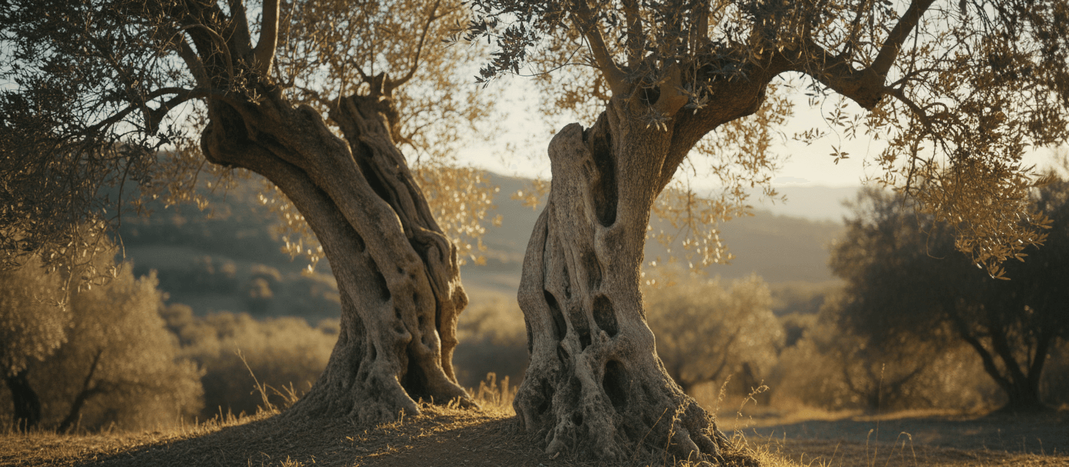 Wide view of olive groves and limestone hills