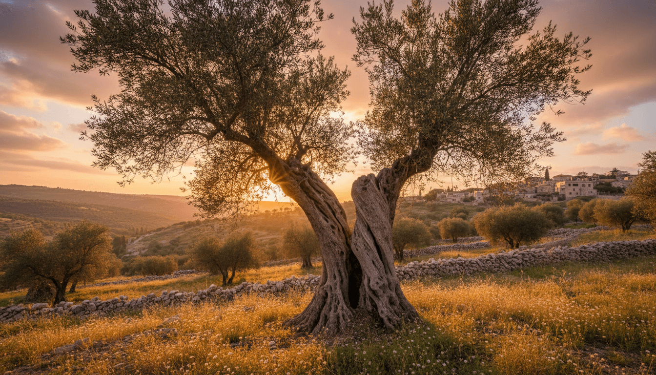 Ancient olive tree on a terraced hillside in Israel at dusk