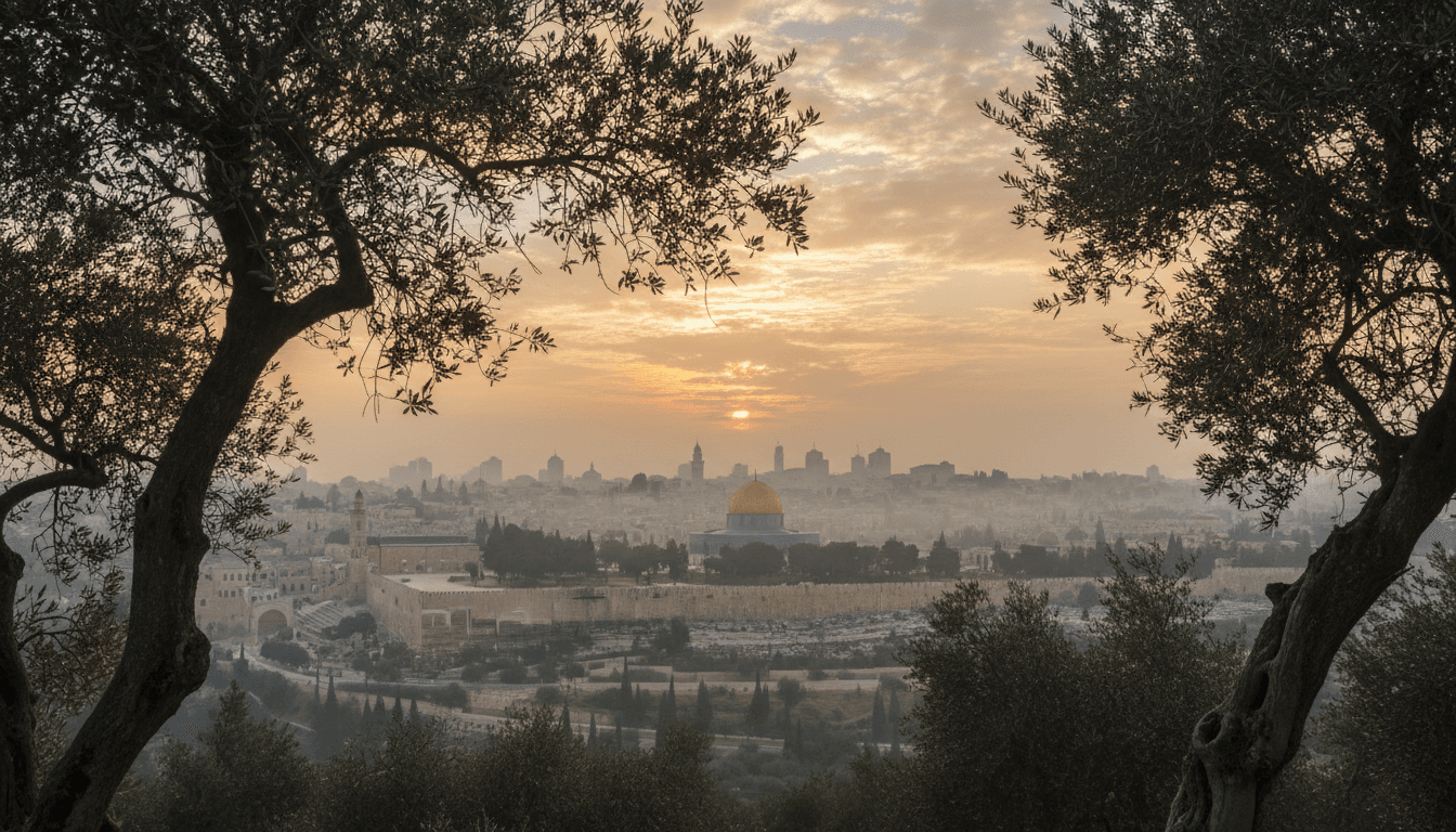 Jerusalem seen through olive branches at dusk